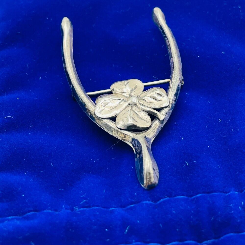 Vintage Sterling Silver Wishbone Brooch 4 Leaf Clover Repousse Pin Good Luck - Picture 4 of 8